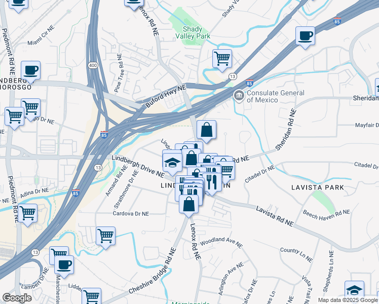 map of restaurants, bars, coffee shops, grocery stores, and more near 2430 Cheshire Bridge Road Northeast in Atlanta