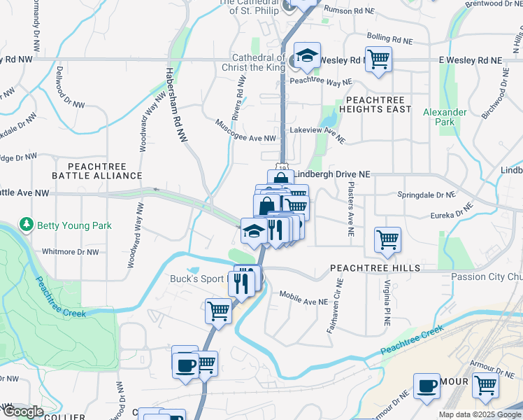 map of restaurants, bars, coffee shops, grocery stores, and more near 2420 Peachtree Road in Atlanta