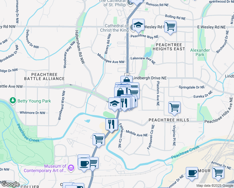 map of restaurants, bars, coffee shops, grocery stores, and more near 2420 Peachtree Road in Atlanta