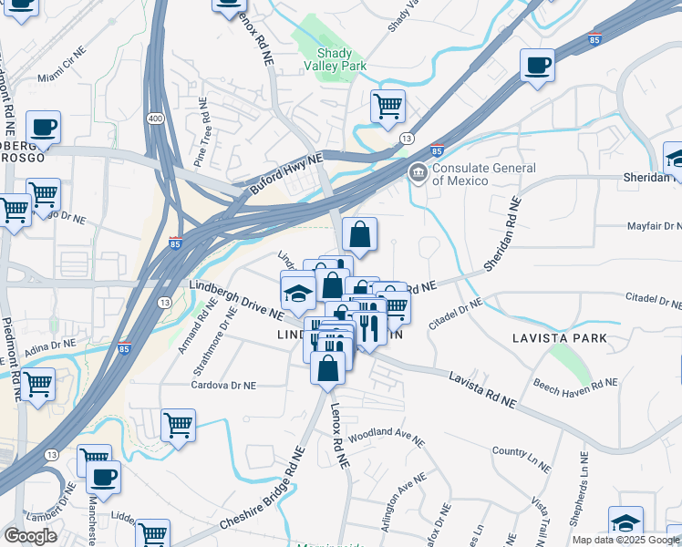 map of restaurants, bars, coffee shops, grocery stores, and more near 2430 Cheshire Bridge Road Northeast in Atlanta