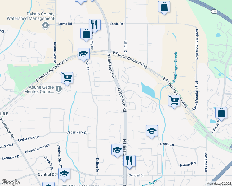 map of restaurants, bars, coffee shops, grocery stores, and more near 1448 Knights Trail in Stone Mountain