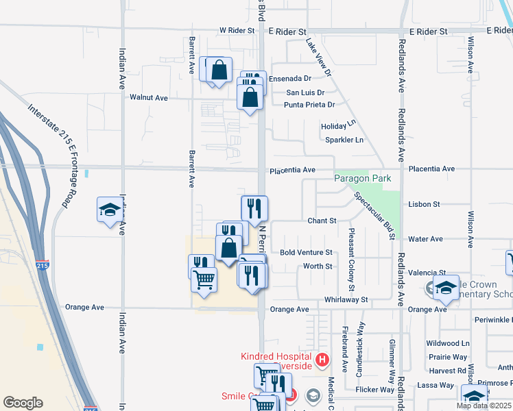 map of restaurants, bars, coffee shops, grocery stores, and more near 2700 North Perris Boulevard in Perris
