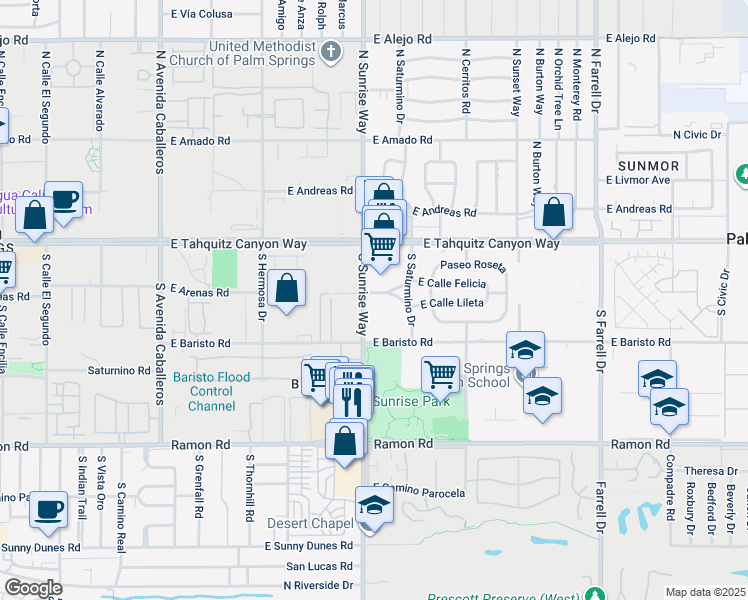map of restaurants, bars, coffee shops, grocery stores, and more near 1745 East Arenas Road in Palm Springs