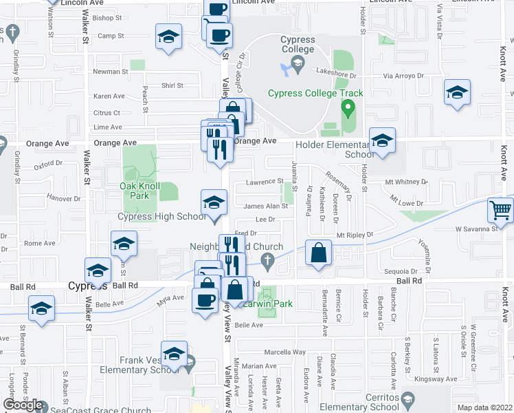 map of restaurants, bars, coffee shops, grocery stores, and more near James Alan Street in Cypress