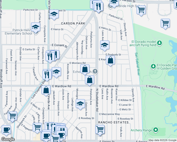 map of restaurants, bars, coffee shops, grocery stores, and more near 6835 East Parapet Street in Long Beach