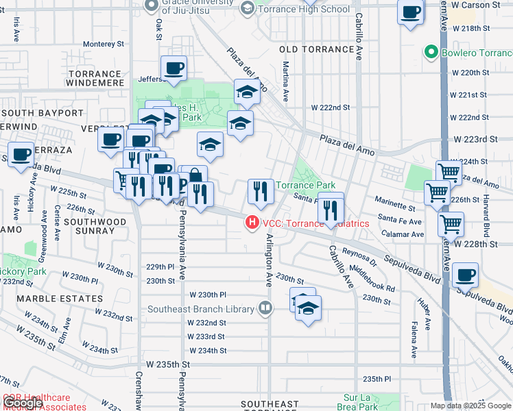 map of restaurants, bars, coffee shops, grocery stores, and more near 2758 Orange Avenue in Torrance