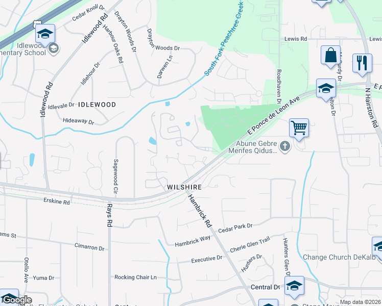 map of restaurants, bars, coffee shops, grocery stores, and more near 1397 Saxony Square in Stone Mountain