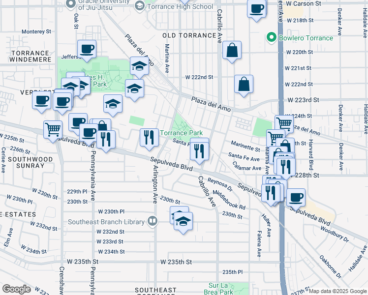 map of restaurants, bars, coffee shops, grocery stores, and more near 2727 Andreo Avenue in Torrance