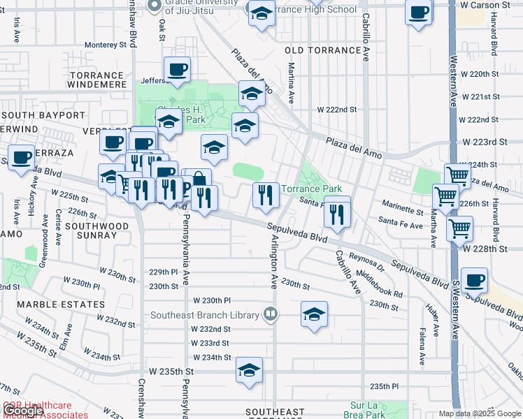 map of restaurants, bars, coffee shops, grocery stores, and more near 2758 Orange Avenue in Torrance