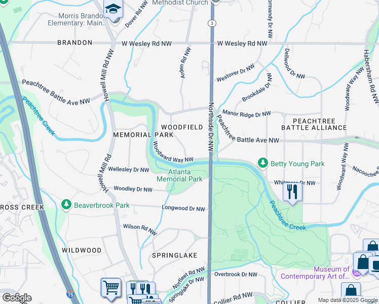 map of restaurants, bars, coffee shops, grocery stores, and more near 2415 Oldfield Road Northwest in Atlanta