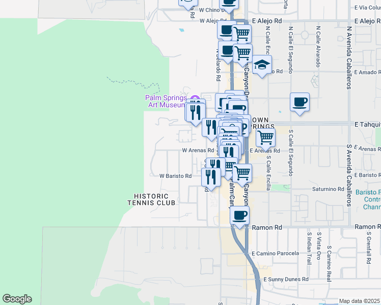 map of restaurants, bars, coffee shops, grocery stores, and more near 411 West Arenas Road in Palm Springs