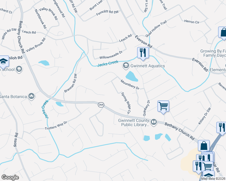 map of restaurants, bars, coffee shops, grocery stores, and more near 2681 Brackenwood Drive in Snellville