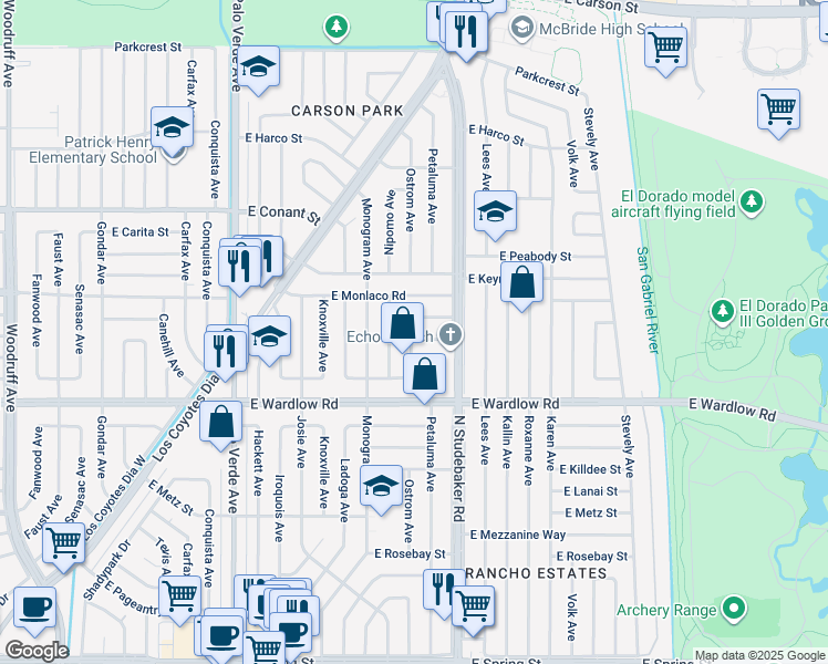 map of restaurants, bars, coffee shops, grocery stores, and more near 6829 East Parapet Street in Long Beach