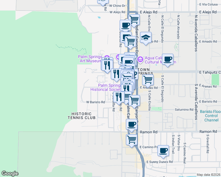 map of restaurants, bars, coffee shops, grocery stores, and more near 307 West Arenas Road in Palm Springs