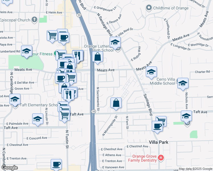 map of restaurants, bars, coffee shops, grocery stores, and more near 2225 Grove Avenue in Orange