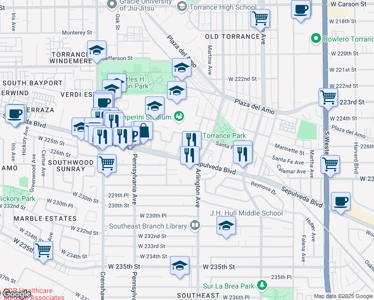map of restaurants, bars, coffee shops, grocery stores, and more near 2758 Orange Avenue in Torrance