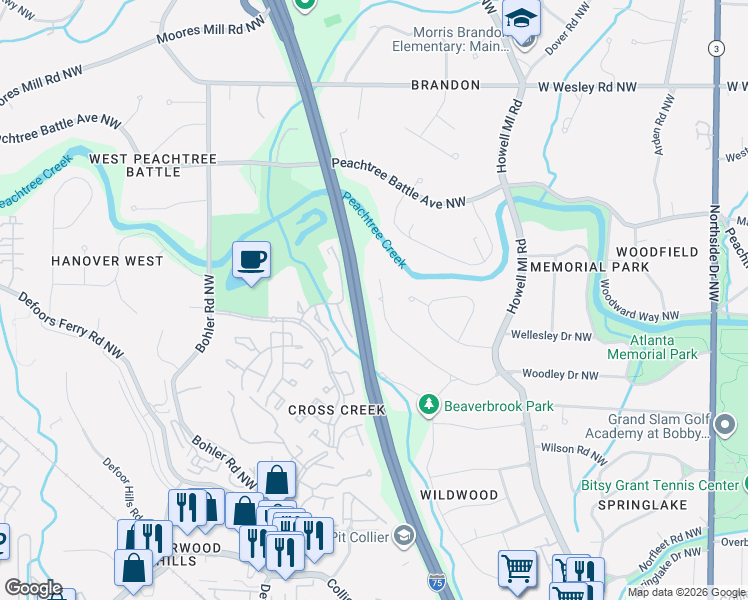 map of restaurants, bars, coffee shops, grocery stores, and more near 1033 Northcliffe Drive Northwest in Atlanta