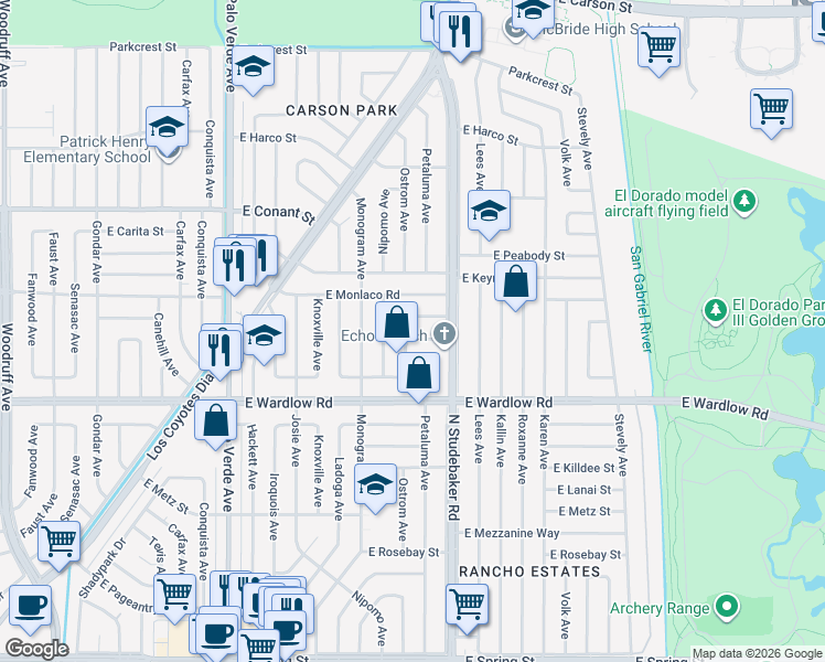 map of restaurants, bars, coffee shops, grocery stores, and more near 6803 East Parapet Street in Long Beach