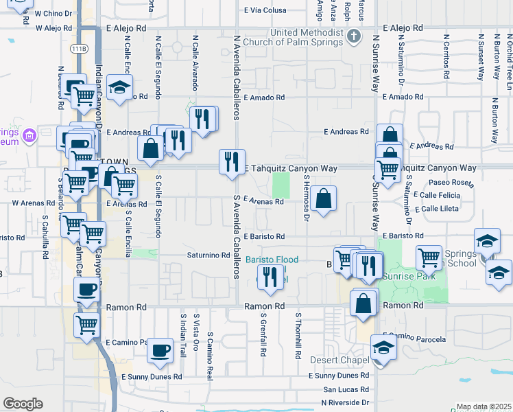 map of restaurants, bars, coffee shops, grocery stores, and more near 1010 Villorrio Drive West in Palm Springs