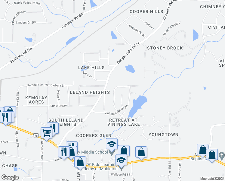 map of restaurants, bars, coffee shops, grocery stores, and more near 5344 Vinings Lake View Southwest in Mableton