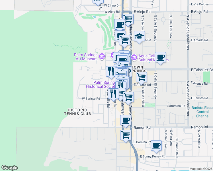 map of restaurants, bars, coffee shops, grocery stores, and more near 220 South Cahuilla Road in Palm Springs