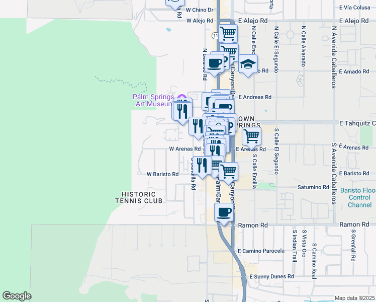 map of restaurants, bars, coffee shops, grocery stores, and more near 307 West Arenas Road in Palm Springs