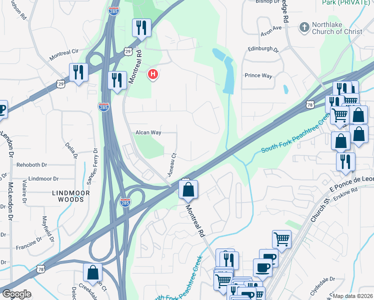 map of restaurants, bars, coffee shops, grocery stores, and more near 1394 MacKenzie Ct in Tucker