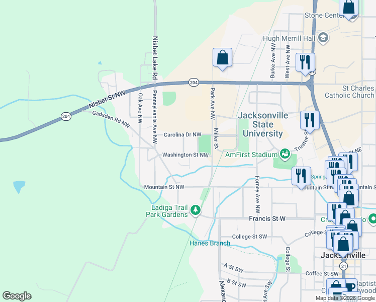 map of restaurants, bars, coffee shops, grocery stores, and more near 381 Quill Avenue Northwest in Jacksonville