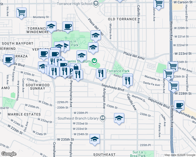map of restaurants, bars, coffee shops, grocery stores, and more near 2758 Orange Avenue in Torrance