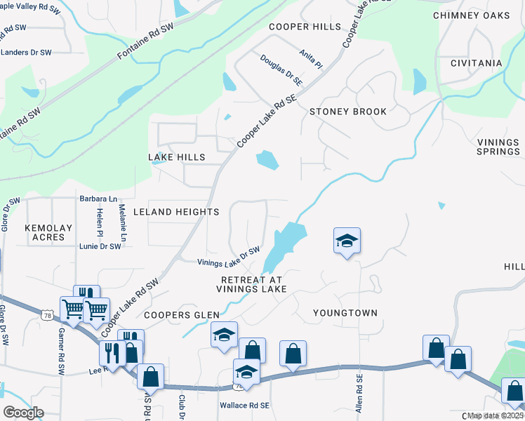 map of restaurants, bars, coffee shops, grocery stores, and more near 75 Vinings Lake Drive in Mableton