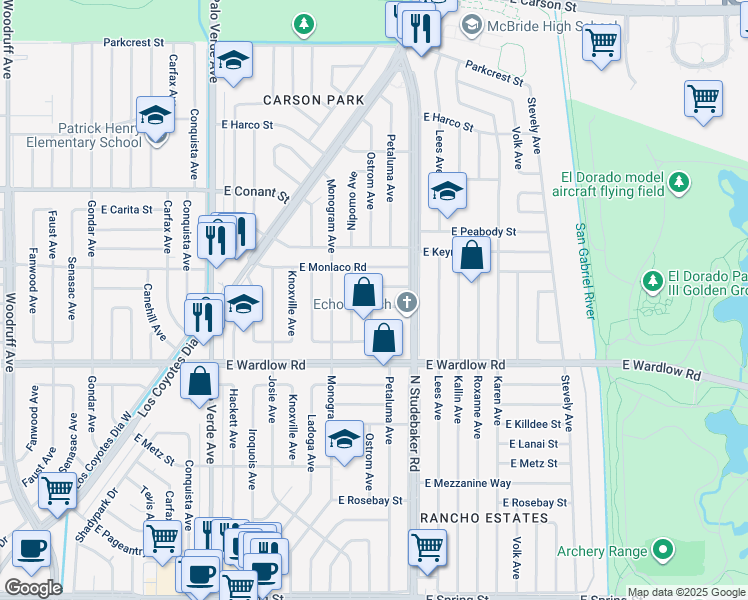 map of restaurants, bars, coffee shops, grocery stores, and more near 6829 East Parapet Street in Long Beach