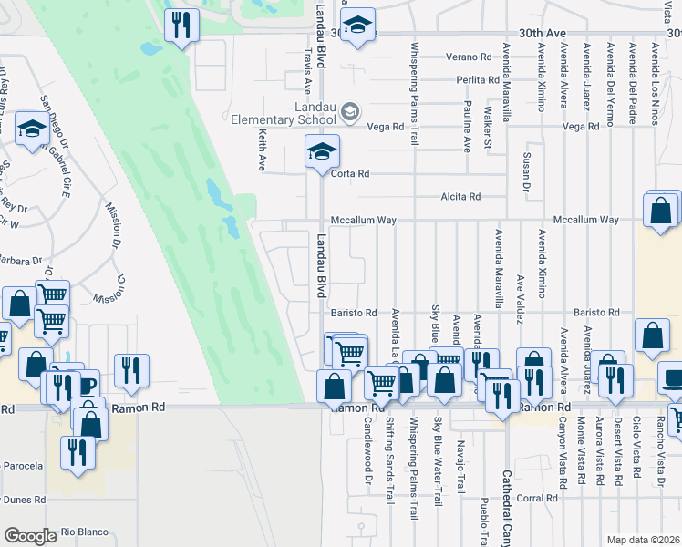 map of restaurants, bars, coffee shops, grocery stores, and more near 31200 Landau Boulevard in Cathedral City