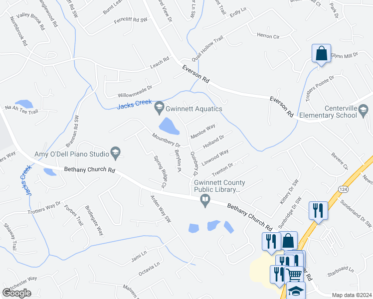 map of restaurants, bars, coffee shops, grocery stores, and more near 2897 Quinbery Drive in Snellville