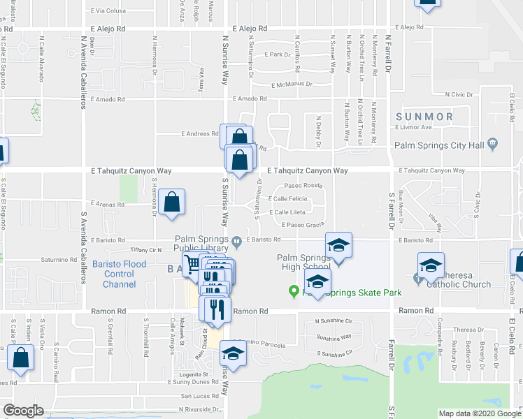 map of restaurants, bars, coffee shops, grocery stores, and more near 1945 East Calle Lileta in Palm Springs