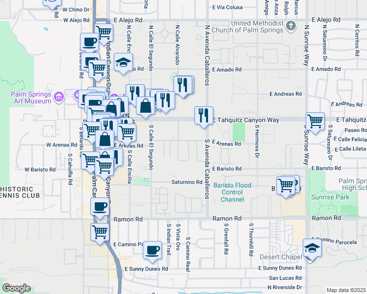 map of restaurants, bars, coffee shops, grocery stores, and more near 829 East Arenas Road in Palm Springs