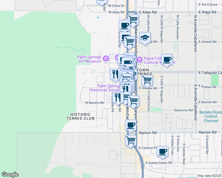 map of restaurants, bars, coffee shops, grocery stores, and more near 220 South Cahuilla Road in Palm Springs
