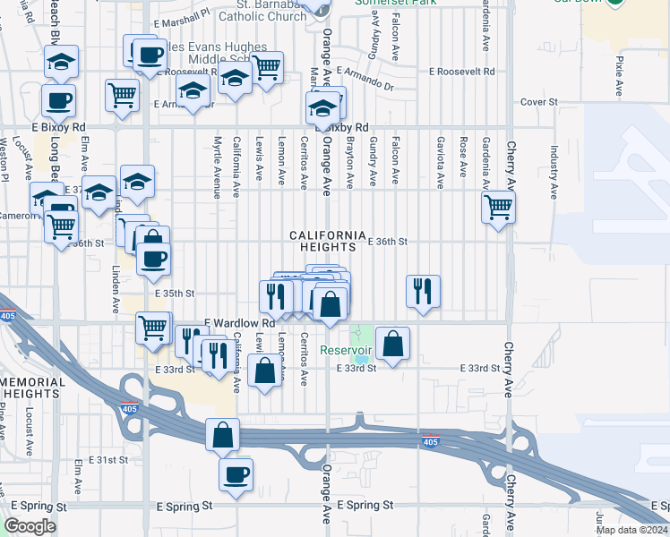 map of restaurants, bars, coffee shops, grocery stores, and more near 3502 Orange Avenue in Long Beach