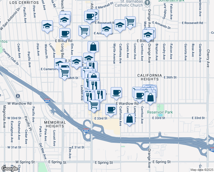 map of restaurants, bars, coffee shops, grocery stores, and more near 3511 Myrtle Avenue in Long Beach