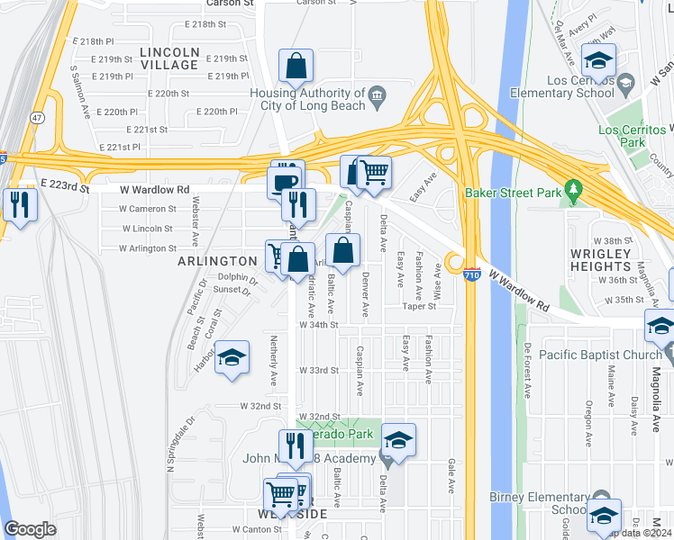 map of restaurants, bars, coffee shops, grocery stores, and more near 3524 Baltic Avenue in Long Beach