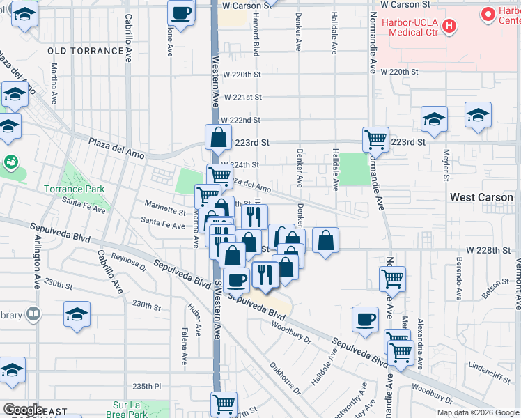 map of restaurants, bars, coffee shops, grocery stores, and more near 1601 West 227th Street in Torrance