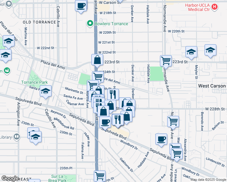 map of restaurants, bars, coffee shops, grocery stores, and more near 1601 West 227th Street in Torrance