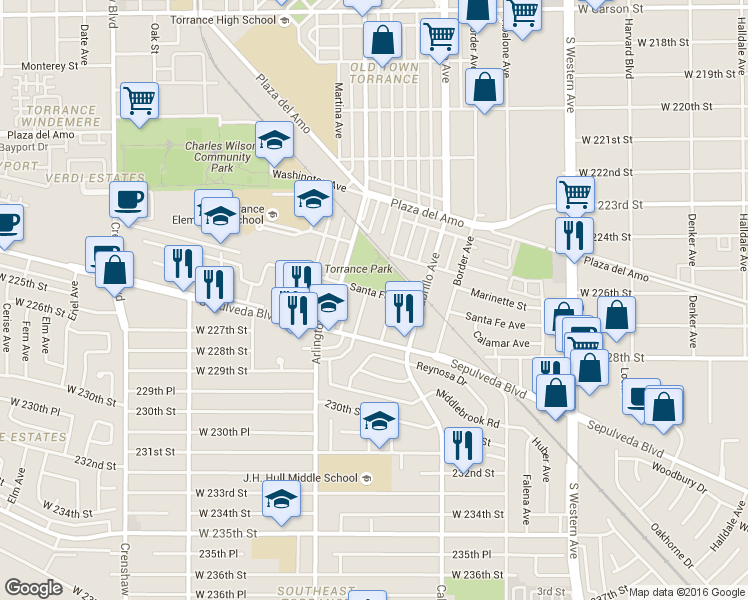 map of restaurants, bars, coffee shops, grocery stores, and more near 2727 Andreo Avenue in Torrance