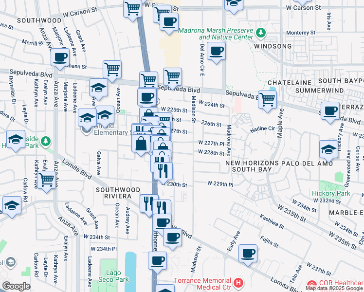 map of restaurants, bars, coffee shops, grocery stores, and more near 3601-3699 West 228th Street in Torrance