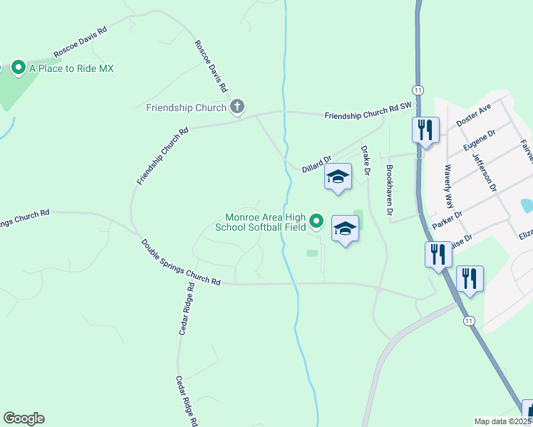 map of restaurants, bars, coffee shops, grocery stores, and more near 1530 Highland Creek Drive in Monroe