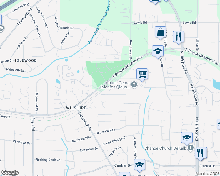 map of restaurants, bars, coffee shops, grocery stores, and more near 1384 Woodland Forest Lane in Stone Mountain
