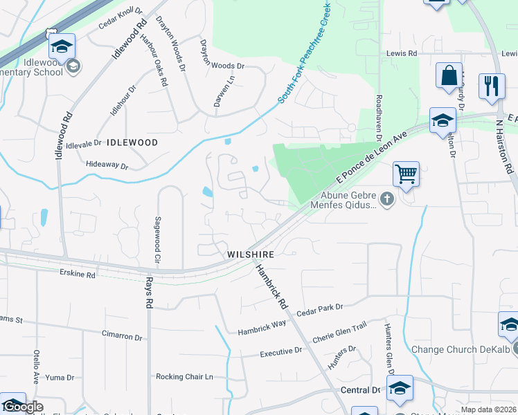 map of restaurants, bars, coffee shops, grocery stores, and more near 1397 Saxony Square in Stone Mountain