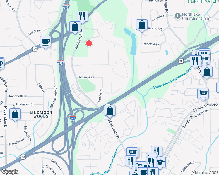map of restaurants, bars, coffee shops, grocery stores, and more near 1394 MacKenzie Court in Tucker