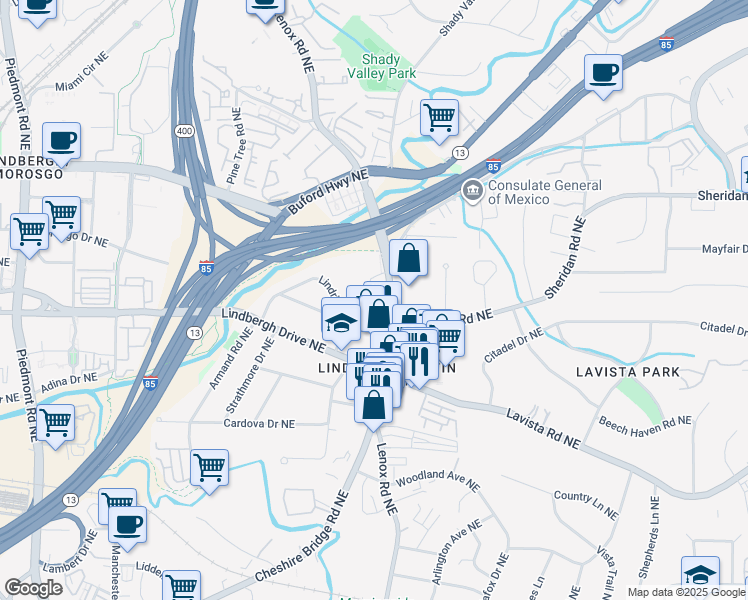map of restaurants, bars, coffee shops, grocery stores, and more near 2416 Cheshire Bridge Road Northeast in Atlanta