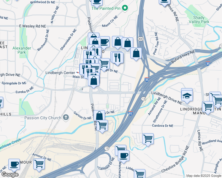 map of restaurants, bars, coffee shops, grocery stores, and more near 2399-2301 East Lindmont Court Northeast in Atlanta