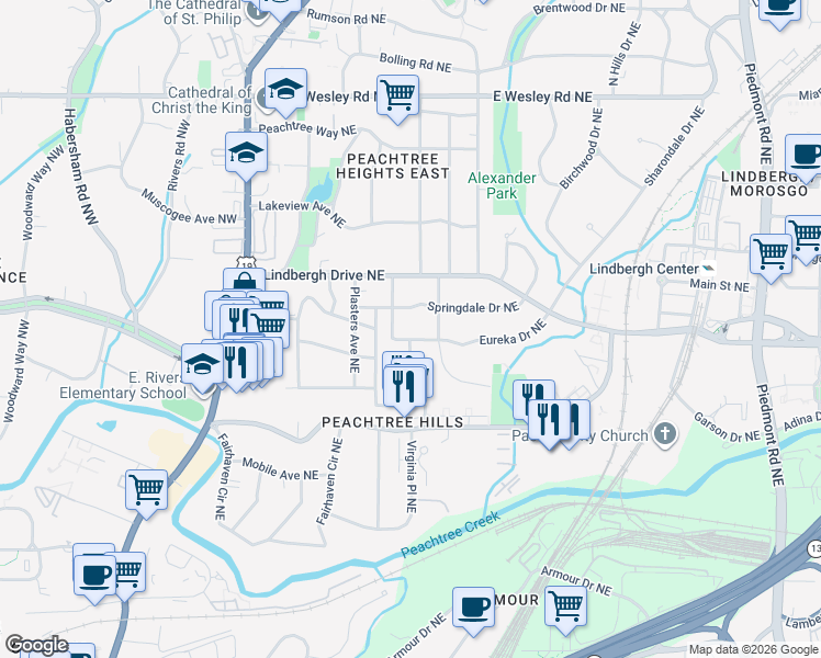 map of restaurants, bars, coffee shops, grocery stores, and more near 200 Eureka Drive Northeast in Atlanta